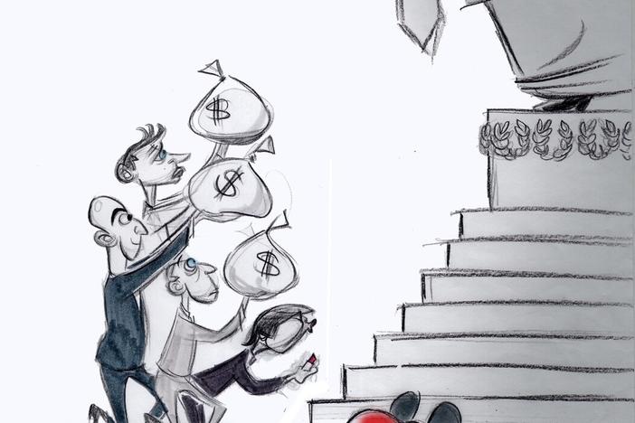 Ann Telnaes says the rough version of the cartoon she drew for <em>The Washington Post</em> , shown above, was rejected by the paper's editorial page editor.