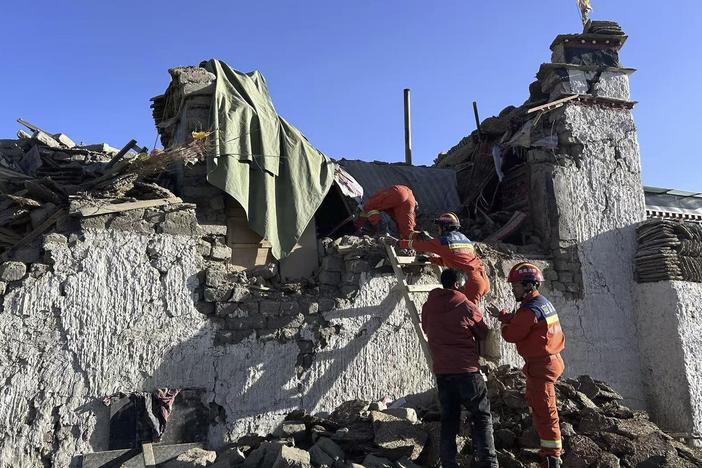 In this photo released by Xinhua News Agency, rescue workers search for survivors in the aftermath of an earthquake in Changsuo Township of Dingri in Xigaze, southwestern China's Tibet Autonomous Region on Jan. 7, 2025.