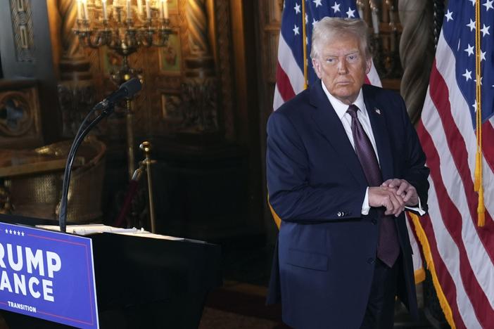 President-elect Donald Trump walks from the podium after a news conference at Mar-a-Lago, Tuesday, Jan. 7, 2024, in Palm Beach, Fla.
