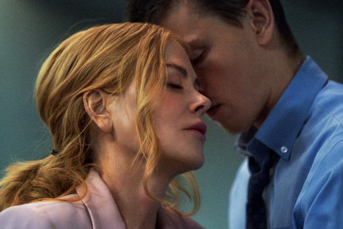 Nicole Kidman plays the CEO of a high-tech shipping company, and Harris Dickinson is her intern, in <em>Babygirl</em>.