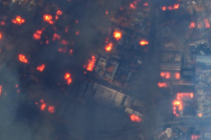 This infrared satellite image shows the Palisades fire's destruction on East Altadena Drive in Altadena, Calif., on Jan. 8.