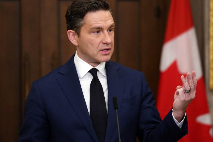 Conservative Party leader Pierre Poilievre has built a sizeable lead in the race to be Canada's next prime minister. He's seen here in December, speaking at a news conference in Ottawa.