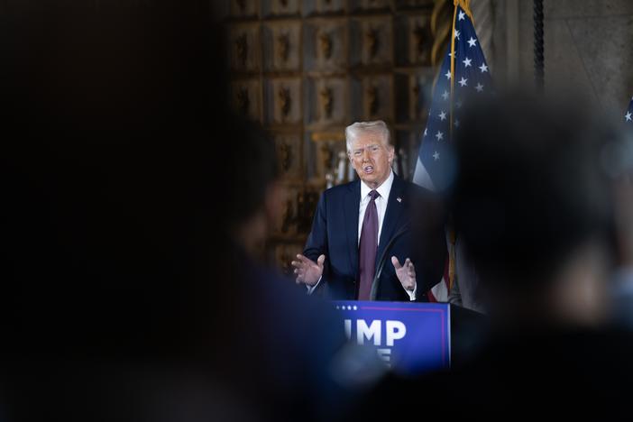 President-elect Donald Trump speaks to members of the media during a press conference at the Mar-a-Lago Club on Jan. 7 in Palm Beach, Fla. Trump will be sworn in as the 47th president of the United States on Jan. 20.