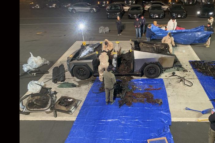 This undated photo, provided by the Las Vegas Police Department shows the Tesla Cybertruck involved in an explosion outside the Trump Hotel in Las Vegas.