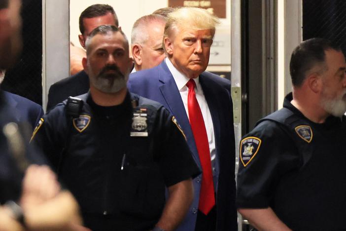 Donald Trump, now president-elect, arrives for an arraignment hearing at NYS Supreme Court in April 2023 in New York City.