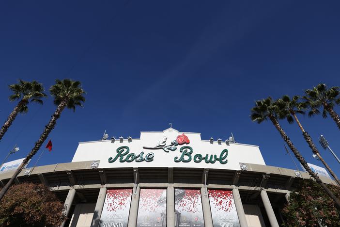 The Rose Bowl stadium in Pasadena, pictured last week ahead of the College Football Playoff quarterfinal game between Ohio State and Oregon. The stadium is now under evacuation warning.