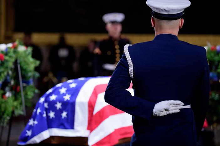 WASHINGTON, DC - JANUARY 8: The flag-draped casket of former U.S. President Jimmy Carter lies in state in the U.S. Capitol Rotunda on January 8, 2025 in Washington, DC. Carter, the 39th President of the United States, died at the age of 100 on December 29, 2024 at his home in Plains, Georgia. (Photo by Andrew Harnik/Getty Images)