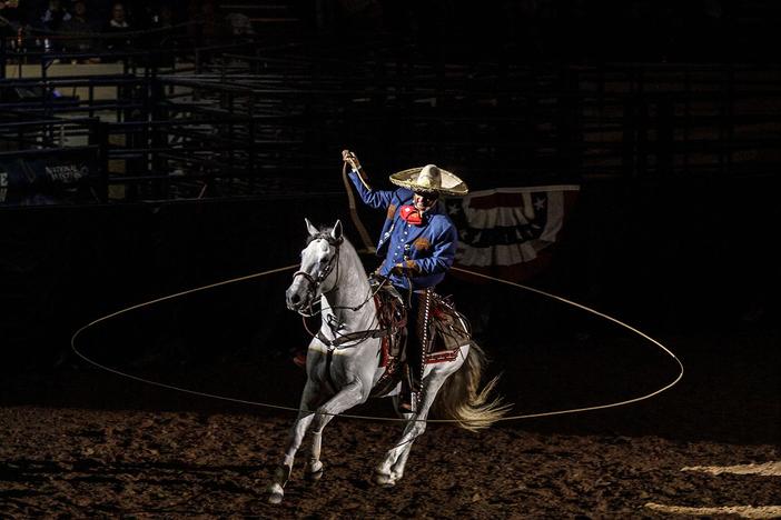 Gerardo "Jerry" Diaz, a fourth-generation charros from New Braunfels, Texas, performs at the National Western Stock Show and Rodeo on Jan. 8, 2023.