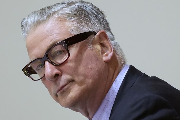 Actor Alec Baldwin is shown attending his trial for involuntary manslaughter for the 2021 fatal shooting of cinematographer Halyna Hutchins during filming of the Western movie <em>Rust</em> on July 12, 2024, at Santa Fe County District Court in Santa Fe, N.M.