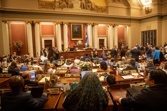 Members of the Republican caucus stood on the House floor on the final day of the 2024 legislative session in Minnesota. The Legislature ran right up to its midnight deadline on May 19, with a shouting fest.