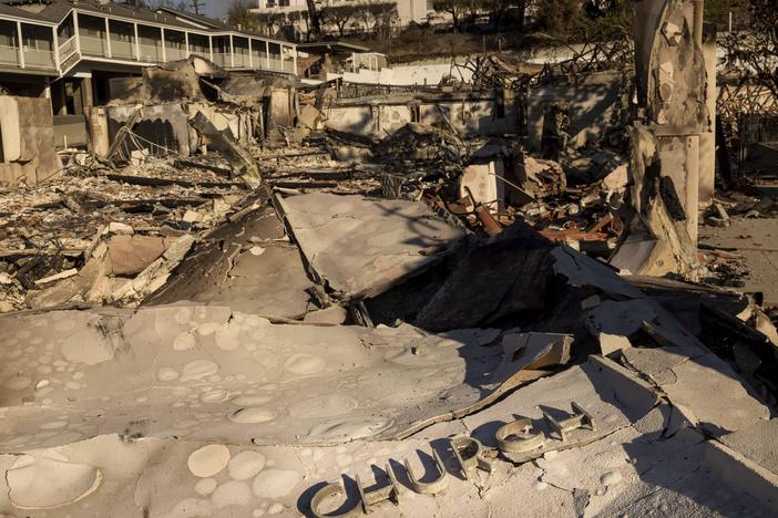The Altadena Community Church is left damaged by the Eaton Fire on Sunday in Altadena, Calif.