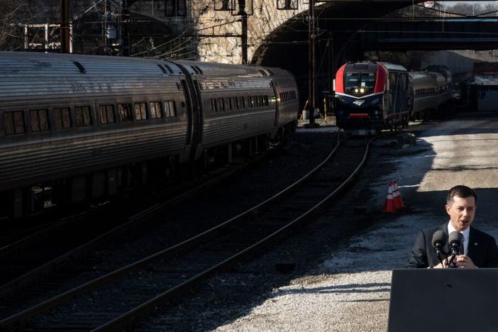 U.S. Transportation Secretary Pete Buttigieg at the Baltimore and Potomac Tunnel North Portal in January 2023 in Baltimore. The tunnel, which is more than 150 years old, will be replaced with funds from the bipartisan infrastructure law.