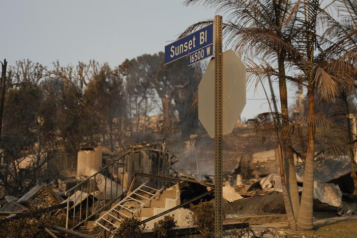 All that remains of a property on Sunset Boulevard in the Pacific Palisades neighborhood of Los Angeles, in a photo taken Friday, Jan. 10.