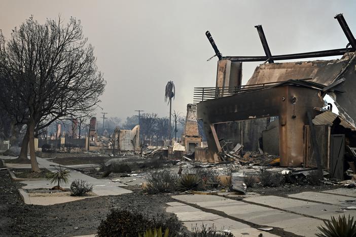 The remains of a burned home are seen after the home was destroyed by the Palisades Fire in the Pacific Palisades area of Los Angeles on Jan. 8.