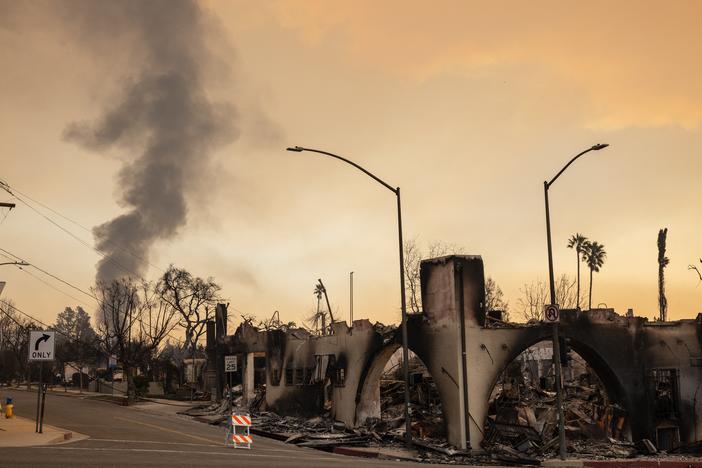 Businesses along Lake Avenue destroyed by the Eaton Fire in Altadena, California. The cause of the fire and others that broke out in Los Angeles last week are being investigated by the Bureau of Alcohol, Tobacco, Firearms and Explosives (ATF).