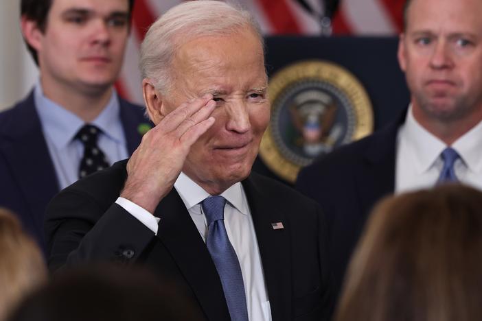 President Biden salutes after delivering a speech about his foreign policy achievements at the State Department on Jan. 13, 2025.
