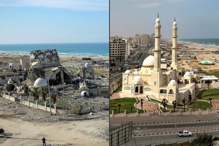 "Unprecedented destruction of heritage sites has severed vital connections between the people of Gaza and its urban fabric," the World Monuments Fund says in its 2025 Watch list. Above, Al-Hassaina Mosque and the seaport in Gaza City pictured on Jan. 26, 2021 (right), and again on January 6, 2024, (left).<br>