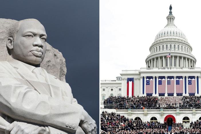 Side-by-side photos of the Martin Luther King, Jr. Memorial and Trump's 2017 inauguration, both in Washington, D.C. Almost a decade later, Trump will be sworn in for his second term on MLK Day.