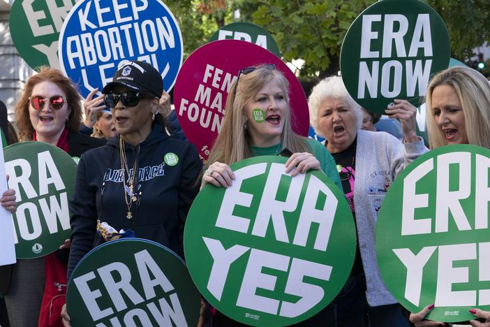 Demonstrators urge ratification of the equal rights amendment during a Sept. 28, 2022 rally in Washington, D.C.