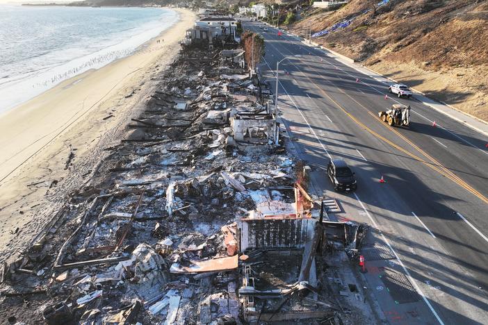 An aerial view of beachfront homes that burned in the Palisades Fire in Malibu, Calif. on Jan. 15, 2025. Pro-Kremlin social media accounts have spread baseless claims that Ukrainian military officials owned mansions that were destroyed in the fires that swept the Los Angeles region.