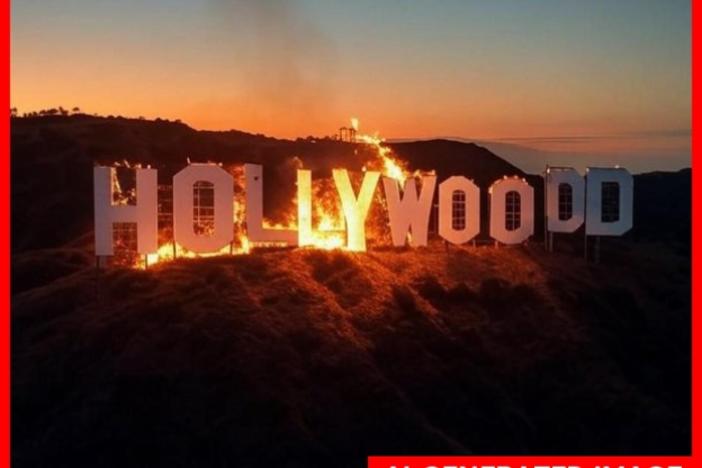 An AI-generated image depicting a fake Hollywood sign on fire. Even with "Hollywood" spelled wrong, the image created panic as it spread across social media.