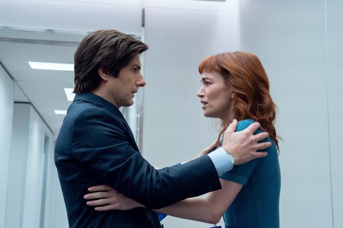 The Apple TV+ series <em>Severance</em> returns for a second season on Friday, Jan. 17. Above, Adam Scott as Mark and Britt Lower as Helly.