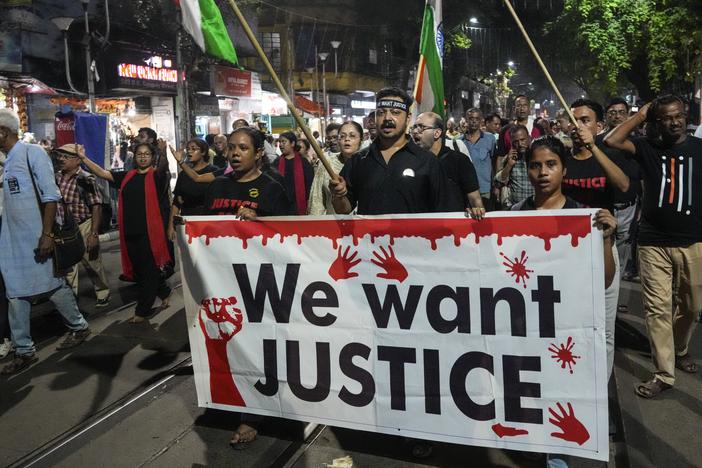 Members of the citizen forum including doctors walk in a rally protesting a rape and murder of a resident doctor in a government hospital early August, in Kolkata, India, on Oct. 1, 2024.