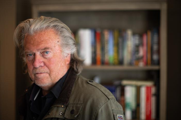 Steve Bannon, former White House Chief Strategist and host of the <em>WarRoom</em> podcast, poses for a portrait inside his home studio in Washington, D.C. on Jan. 17.