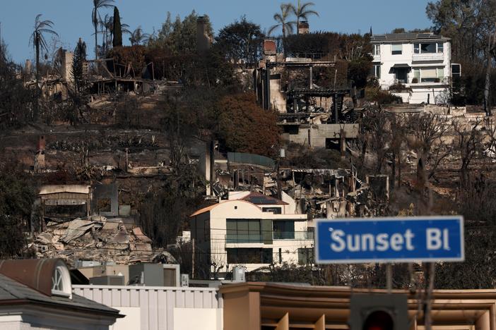 Private firefighting crews hired by insurers and others are raising big ethical questions amid the California wildfires. Pictured here is a snapshot of the devastating impact in Sunset Boulevard in Pacific Palisades, Calif., on Jan. 14, 2025.