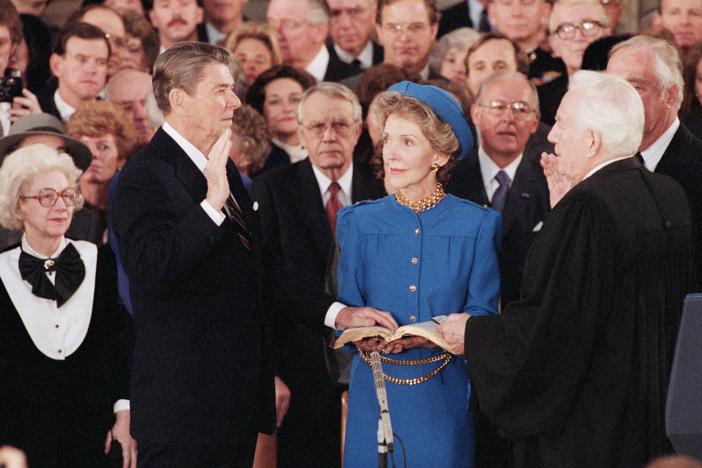 President Ronald Reagan is sworn in by Chief Justice Warren Burger in an Inauguration ceremony in the Capitol Rotunda in Washington, D.C., on Jan. 21, 1985.