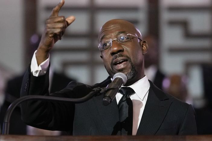 U.S. Sen. Raphael Warnock, D-Ga., a senior pastor at Ebenezer Baptist Church, speaks at the church, Jan. 15, 2023, in Atlanta.