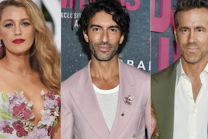 Blake Lively at a London screening of the film <em>It Ends With Us</em> in August, left; Justin Baldoni, center, and Ryan Reynolds, right, in separate photos at the premiere of the film in New York.