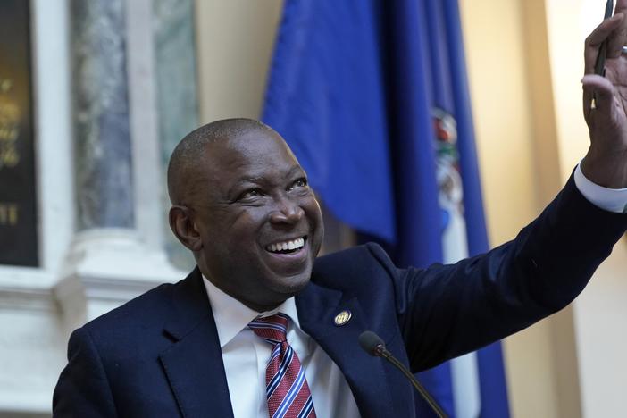 Virginia House of Delegates speaker, Del. Don Scott, D-Portsmouth, waves to family in the gallery during the opening of the 2024 session of the Virginia General Assembly at the Capitol on Jan. 10, 2024, in Richmond, Va.