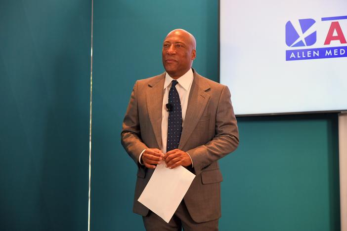 Allen Media Group Founder Byron Allen speaks at the Allen Media Group upfront presentation on April 26, 2023, in New York City.