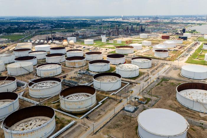 An aerial view of oil storage containers near the Chevron Pasadena Refinery in June 2024 in Pasadena, Texas.  The U.S. is now the world's largest oil producer. President Trump says he is declaring a 'national energy emergency' as one of his first acts in office.