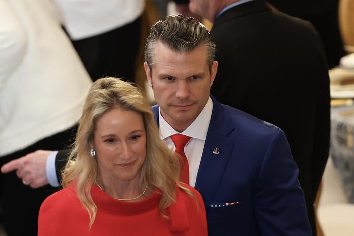 Pete Hegseth, President Trump's nominee for Secretary of Defense, and his wife Jennifer Rauchet depart after inauguration ceremonies in the U.S. Capitol on January 20, 2025. The couple met while working for Fox News.