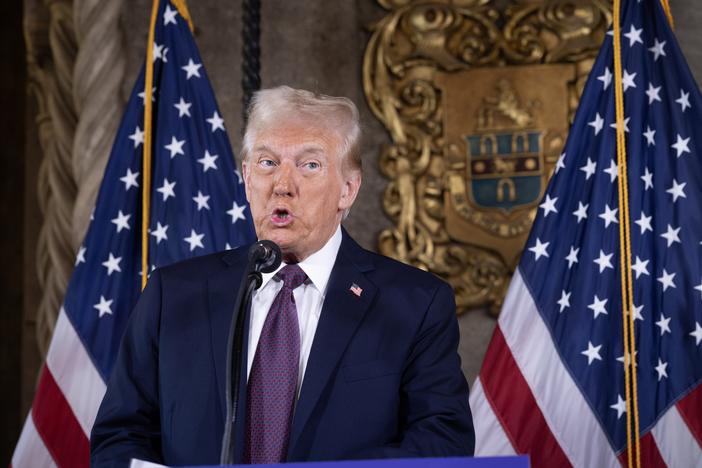 President-elect Donald Trump speaks turing a press conference on Jan. 7, 2025, in Palm Beach, Fla.