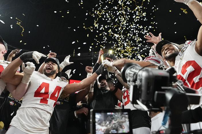 Ohio State celebrates after their win against Notre Dame in the College Football Playoff national championship game on Monday in Atlanta.