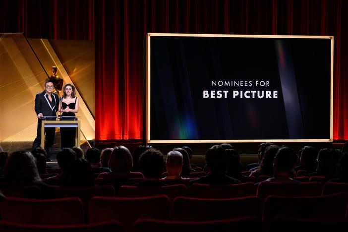 Bowen Yang and Rachel Sennott present the nominees for Best Picture during the 97th Oscars Nominations Announcement at Samuel Goldwyn Theater on Jan. 23, 2025 in Beverly Hills, Calif.