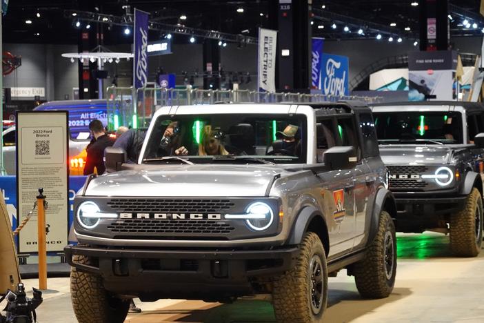 Ford offers rides in the 2022 Bronco Sport on a test track at the Chicago Auto Show on February 10, 2022. The vehicle is part of a recall for a potential battery defect.