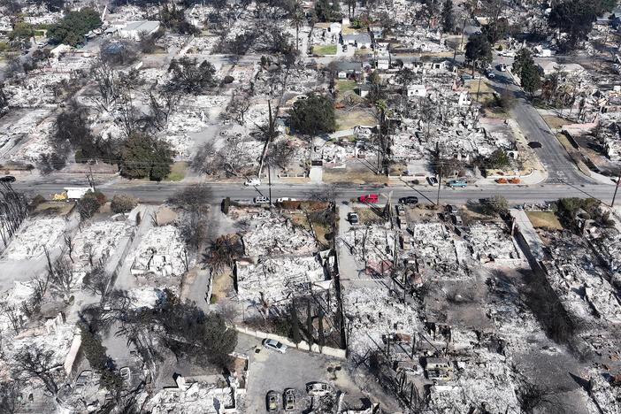 An aerial view of homes which burned in the Eaton Fire on Jan. 19, 2025 in Altadena, California.
