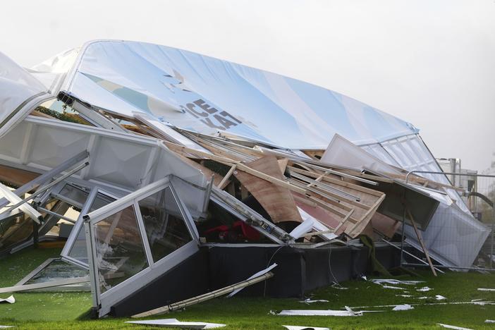 The remains of an ice skating facility destroyed after strong winds tore the structure apart are pictured in Blanchardstown, Ireland, Friday, Jan.24, 2025, as Storm Eowyn hit the island.