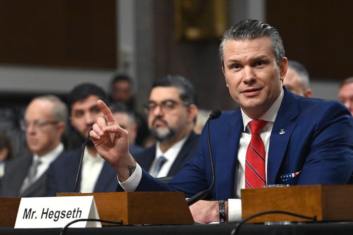 Pete Hegseth, President Trump's nominee for secretary of defense, speaks during a Senate Armed Services confirmation hearing on Jan. 14.