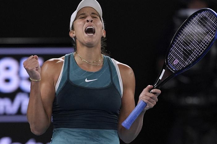 Madison Keys of the U.S. celebrates after defeating Aryna Sabalenka of Belarus in the women's singles final at the Australian Open tennis championship in Melbourne, Australia, Saturday, Jan. 25, 2025.