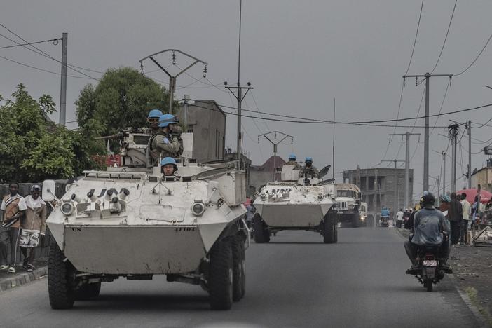 UN armoured personnel carriers deploy outside Goma, Democratic Republic of the Congo, Saturday, Jan. 25, 2025.