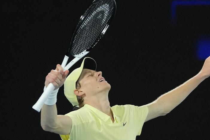 Jannik Sinner of Italy celebrates after defeating Alexander Zverev of Germany in the men's singles final at the Australian Open tennis championship in Melbourne, Australia, Sunday, Jan. 26, 2025.
