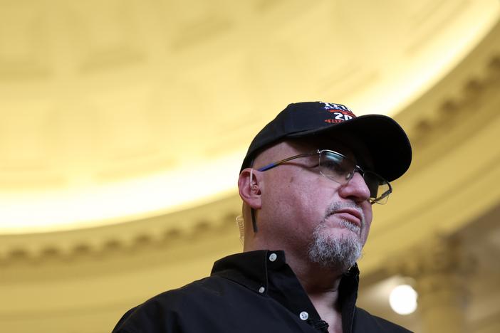Oath Keepers founder Stewart Rhodes speaks to the press in the Cannon Rotunda on Jan. 22, 2025 in Washington, D.C.
