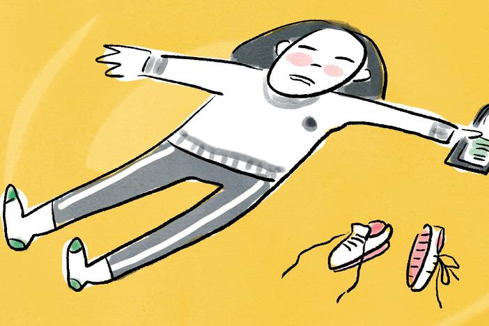 Illustration of person stretched out on yellow background with phone in hand and sneakers nearby.