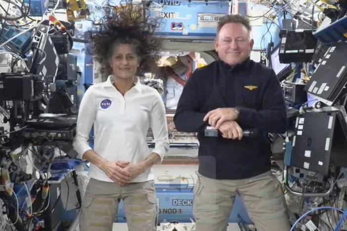 This image made from a NASA live stream shows NASA astronauts Suni Williams and Butch Wilmore during a press conference from the International Space Station on Sept. 13, 2024. On Tuesday, President Trump said he asked Elon Musk and SpaceX to "go get" the astronauts who have been on the I.S.S. since June after their original weeklong test flight on Boeing's troubled Starliner capsule has been extended.