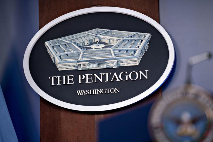 The Pentagon seal in the Pentagon Briefing Room in Arlington, Virginia., U.S., on Wednesday, Sept. 1, 2021.